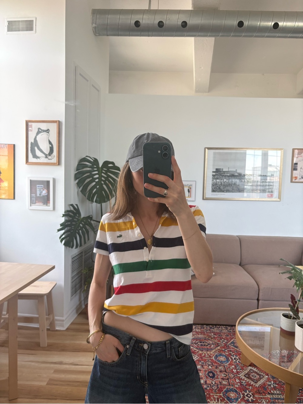 Lacoste Short-Sleeve Striped Polo Tee in White with Navy, Yellow, Green & Red